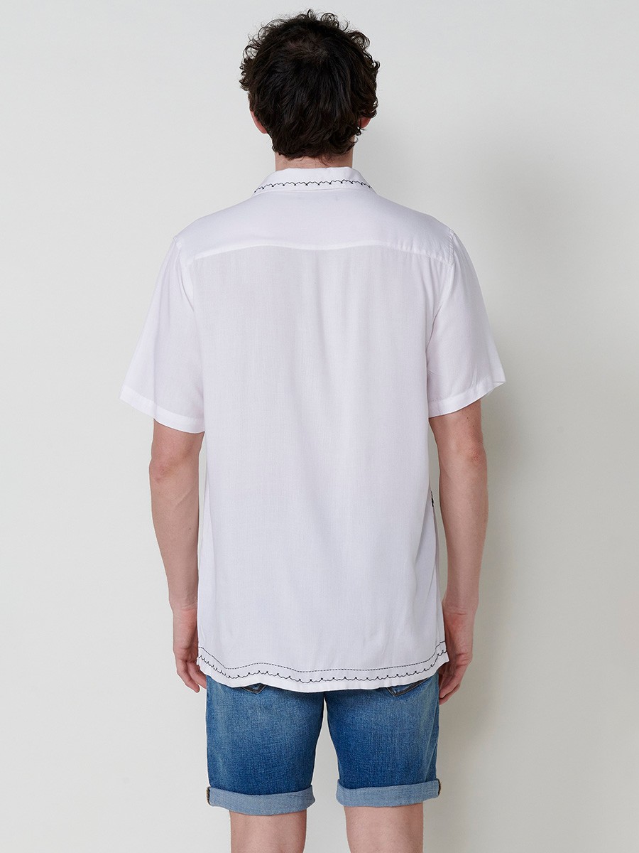 Men's Short-Sleeve Shirt with V-Neck, Embroidery, and Button Closure in Off-White – 100% Viscose 6