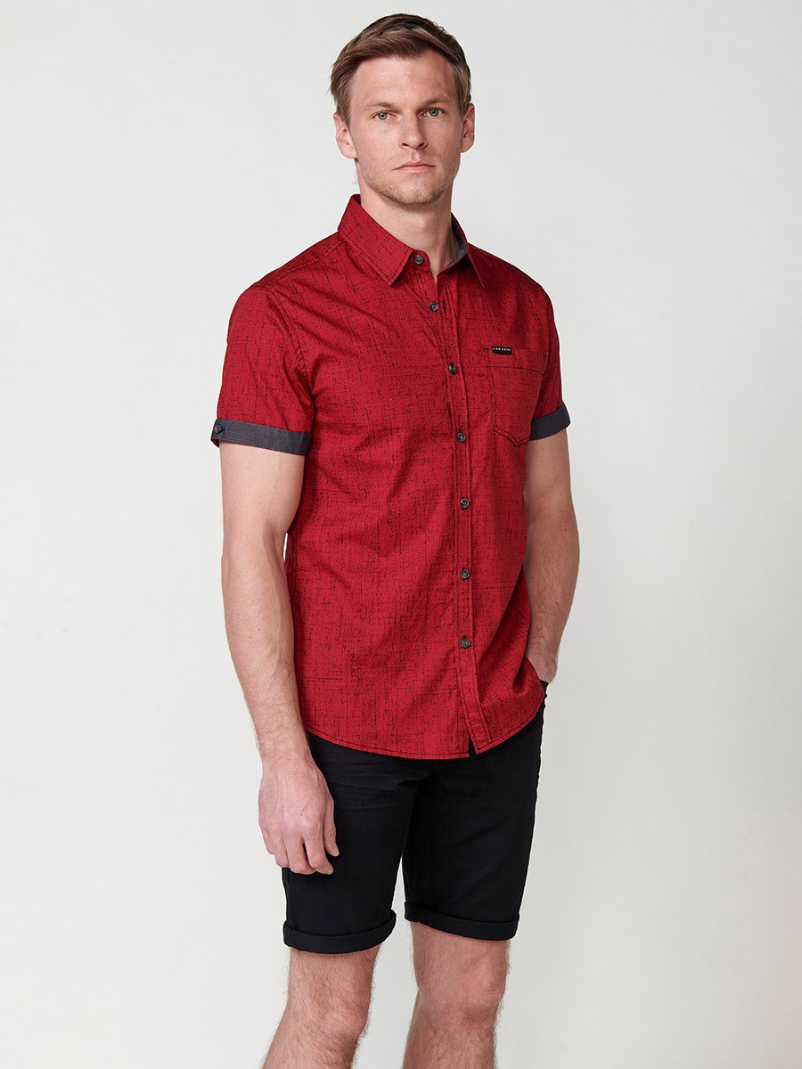 Camisa de Algodón manga corta acabada en vuelta y botón color Rojo para Hombre 4