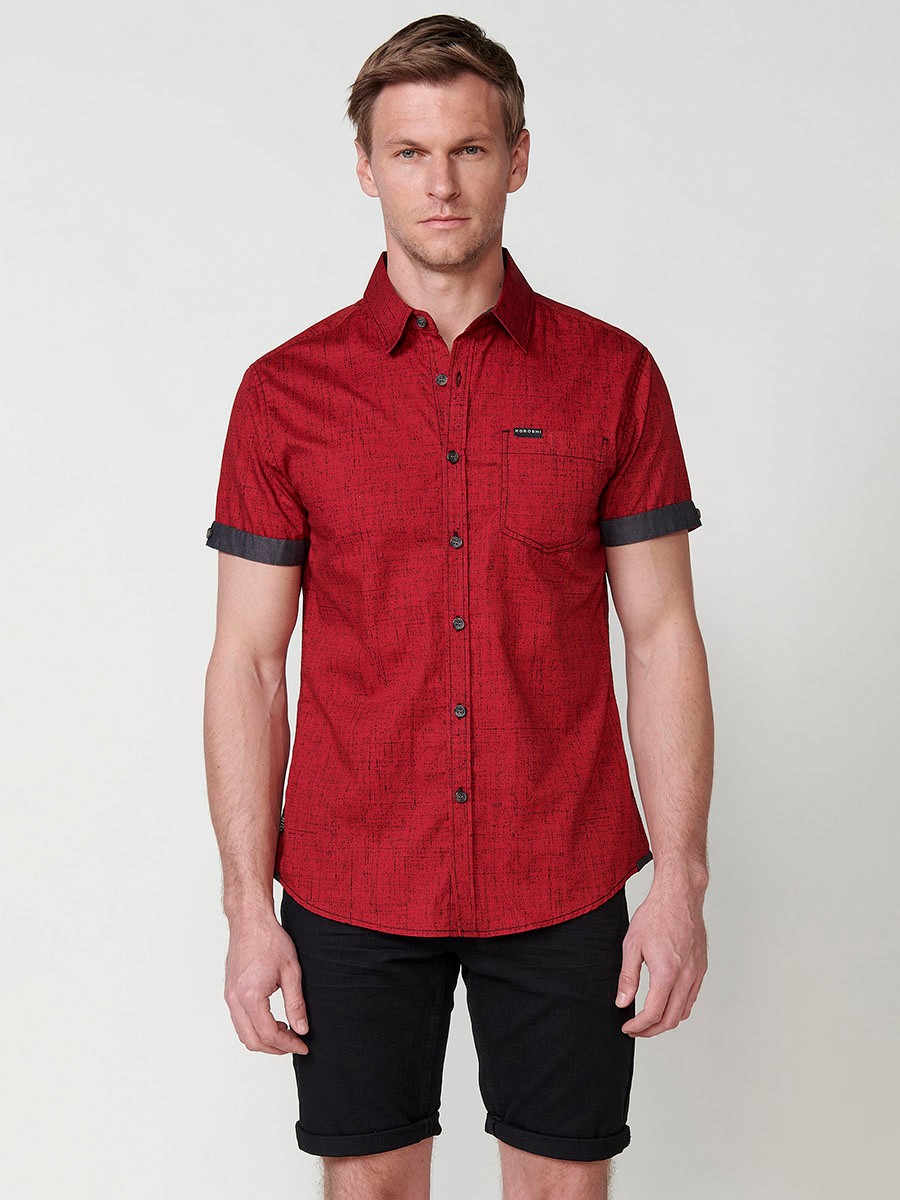 Camisa de Algodón manga corta acabada en vuelta y botón color Rojo para Hombre 3