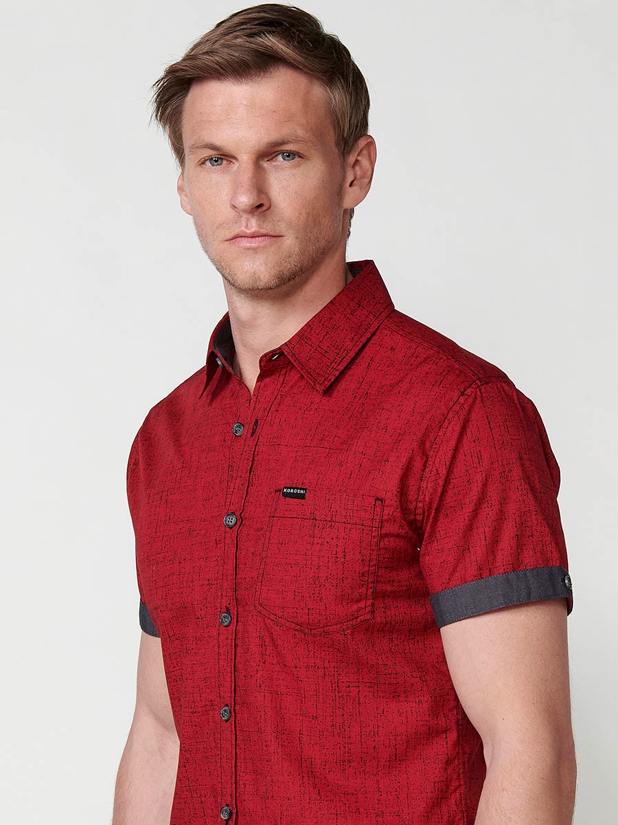 Camisa de Algodón manga corta acabada en vuelta y botón color Rojo para Hombre 2