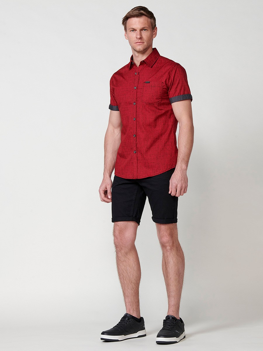 Camisa de Algodón manga corta acabada en vuelta y botón color Rojo para Hombre 6