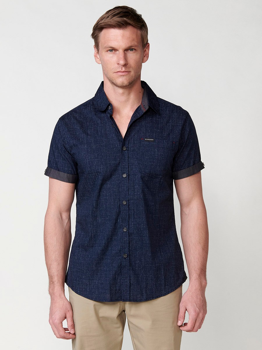 Camisa de Algodón manga corta acabada en vuelta y botón color Navy para Hombre 1