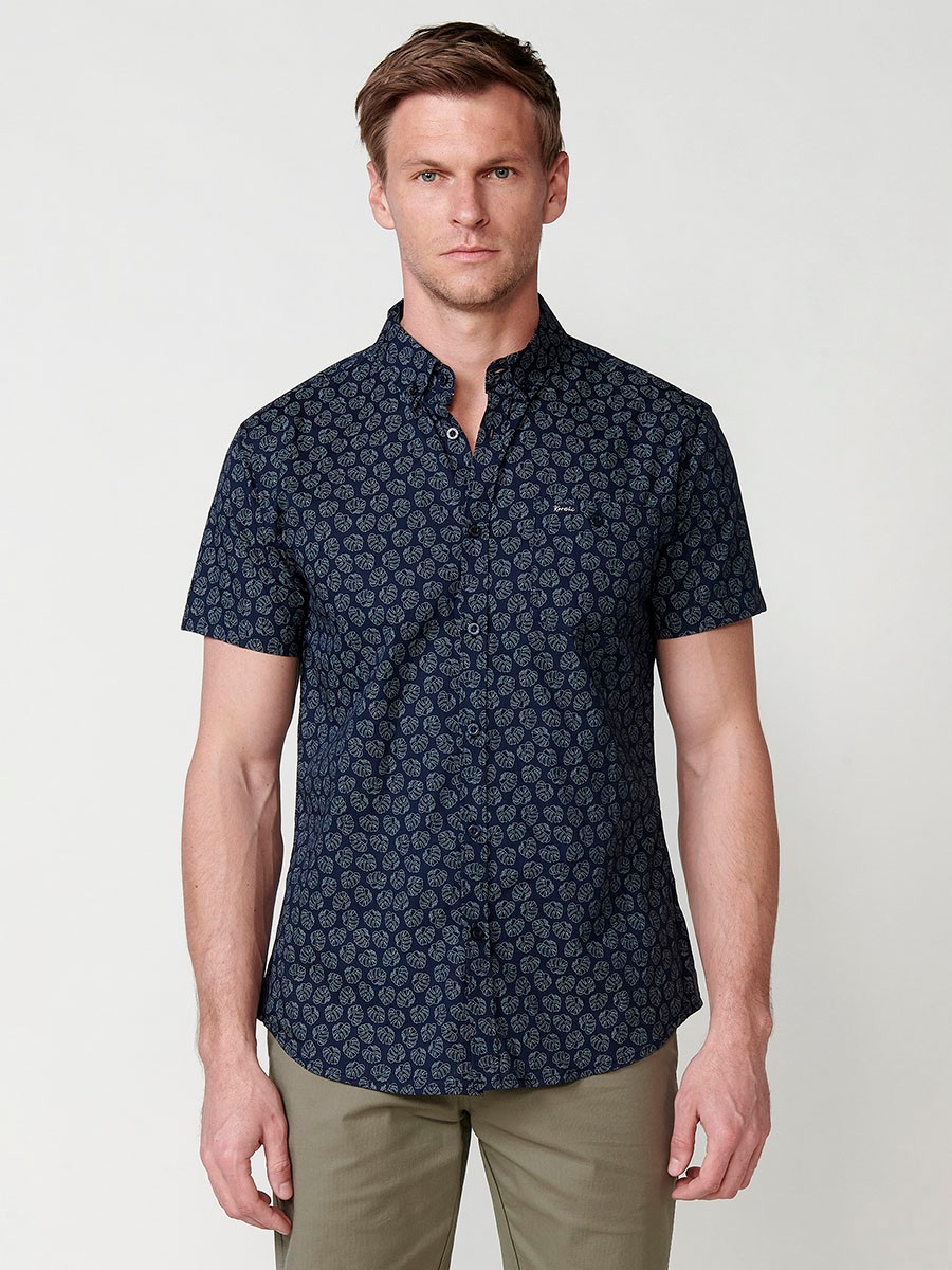 Camisa de Algodón de manga corta con cierre con botones de color Navy para Hombre 2