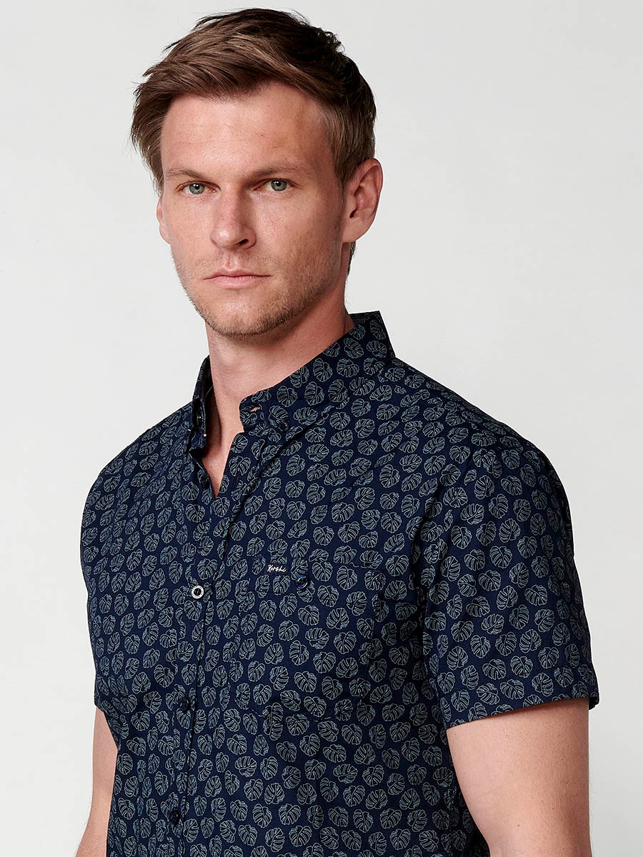 Camisa de Algodón de manga corta con cierre con botones de color Navy para Hombre 1