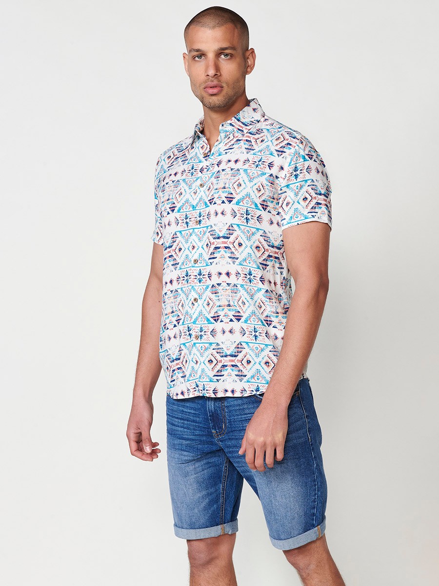 Men's Short Sleeve Shirt with Multicolour Ethnic Print