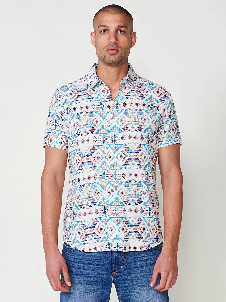 Men's Short Sleeve Shirt with Multicolour Ethnic Print