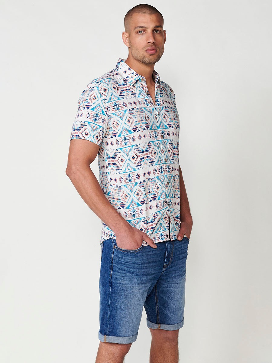 Men's Short Sleeve Shirt with Multicolour Ethnic Print