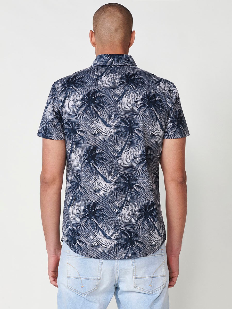 Men's grey tropical print short sleeve shirt