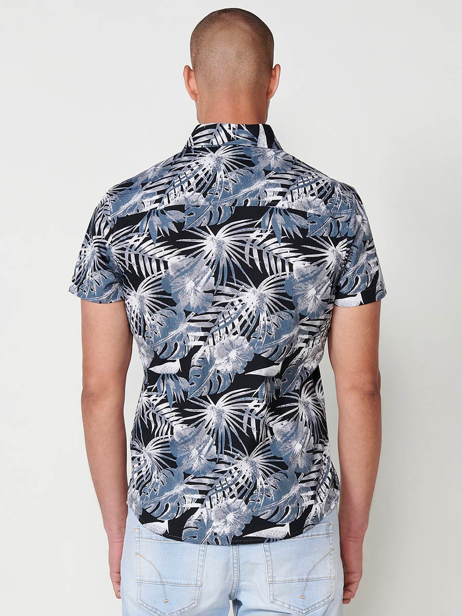 Men's Short-Sleeve Cotton Tropical Print Shirt with Front Pocket in Black – 100% Cotton 6