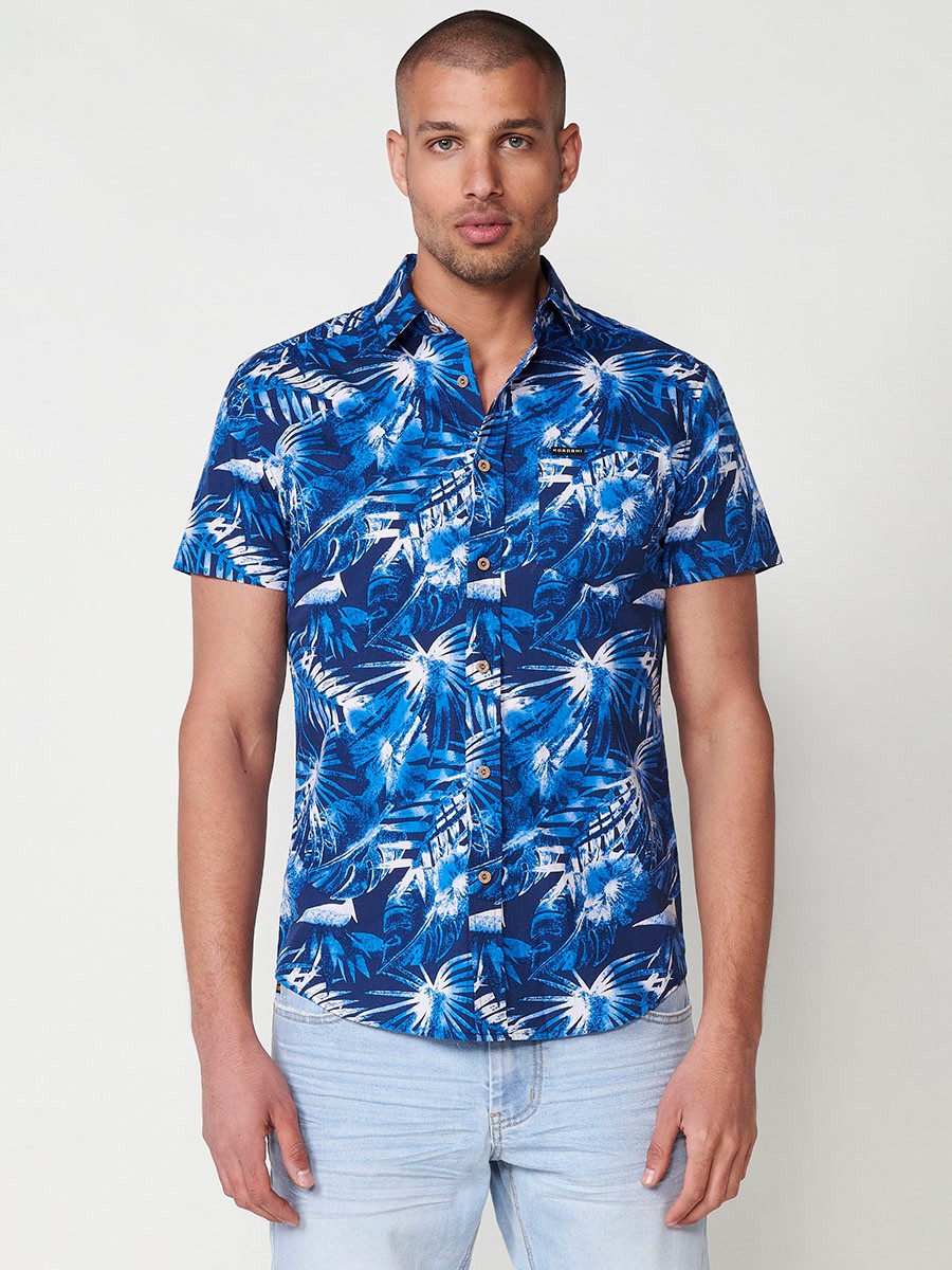 Men's Short-Sleeve Cotton Tropical Print Shirt with Front Pocket in Blue – 100% Cotton 3