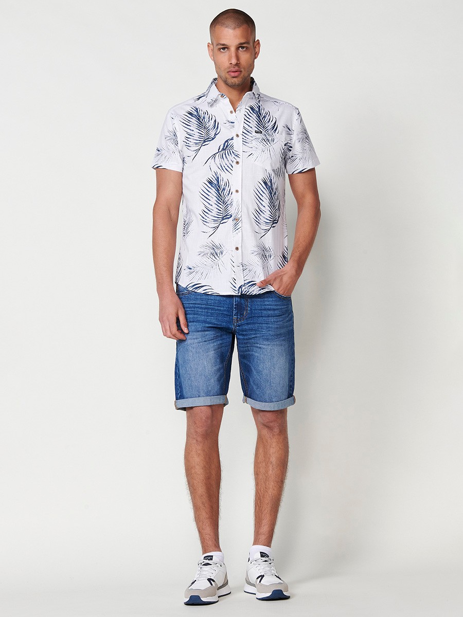 Men's Short-Sleeve Cotton Tropical Print Shirt with Front Pocket in White – 100% Cotton 2