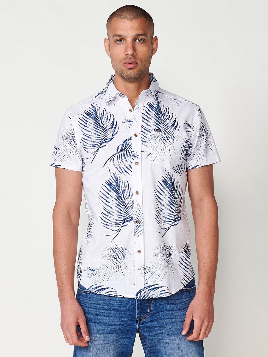 Men's Short-Sleeve Cotton Tropical Print Shirt with Front Pocket in White – 100% Cotton 3