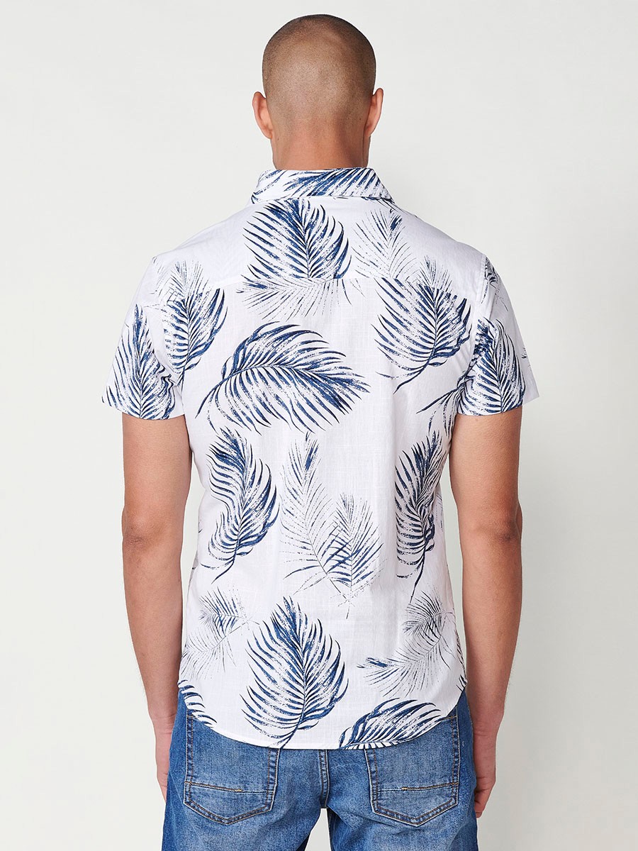 Men's Short-Sleeve Cotton Tropical Print Shirt with Front Pocket in White – 100% Cotton 6