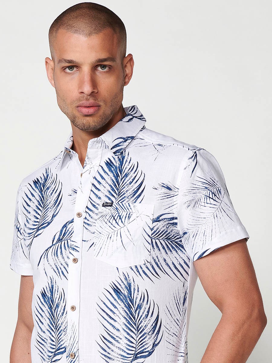 Men's Short-Sleeve Cotton Tropical Print Shirt with Front Pocket in White – 100% Cotton 7