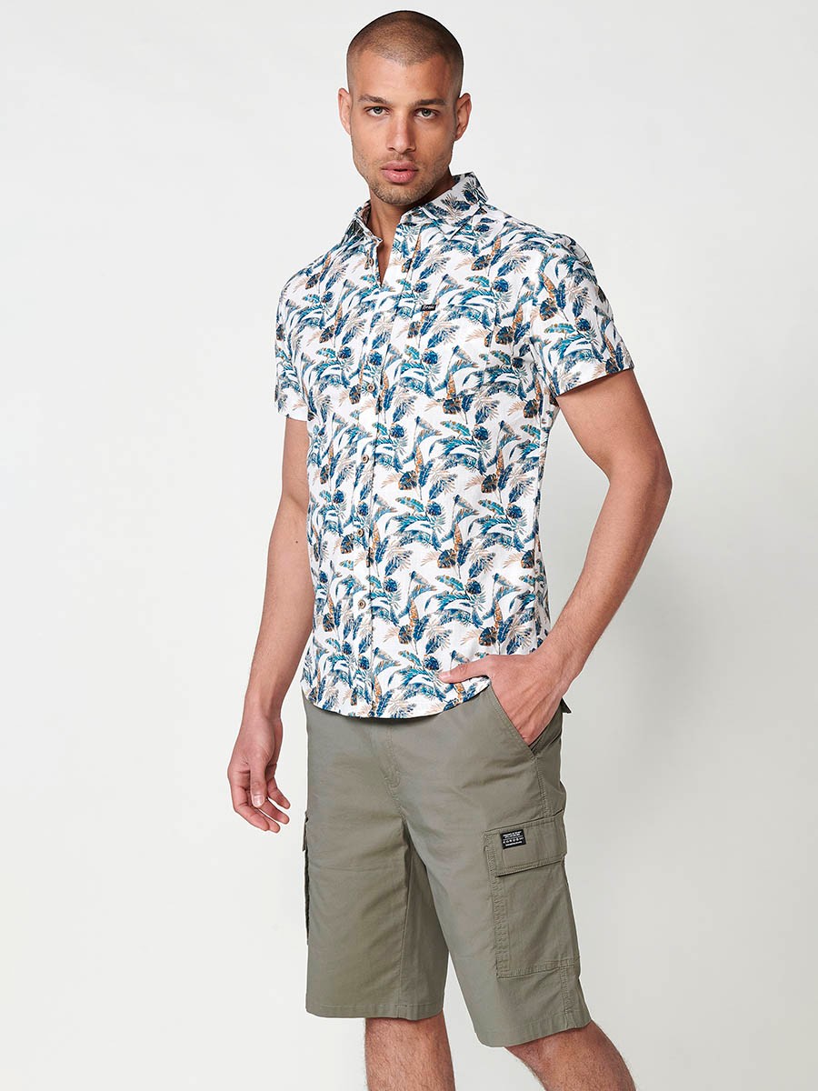 Chemise à Manches Courtes en Coton avec Imprimé Tropical et Poche Avant en Vert pour Homme – 100% Coton