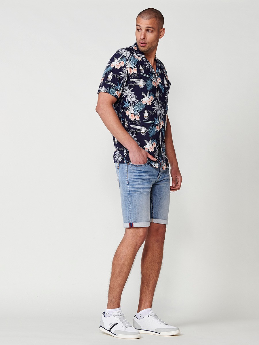 Camisa de Manga Corta con Cuello Pico y Estampado Tropical en Navy para Hombre – 100% Viscosa 3