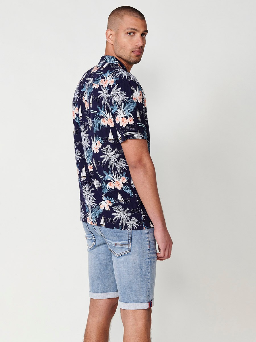 Camisa de Manga Corta con Cuello Pico y Estampado Tropical en Navy para Hombre – 100% Viscosa 4