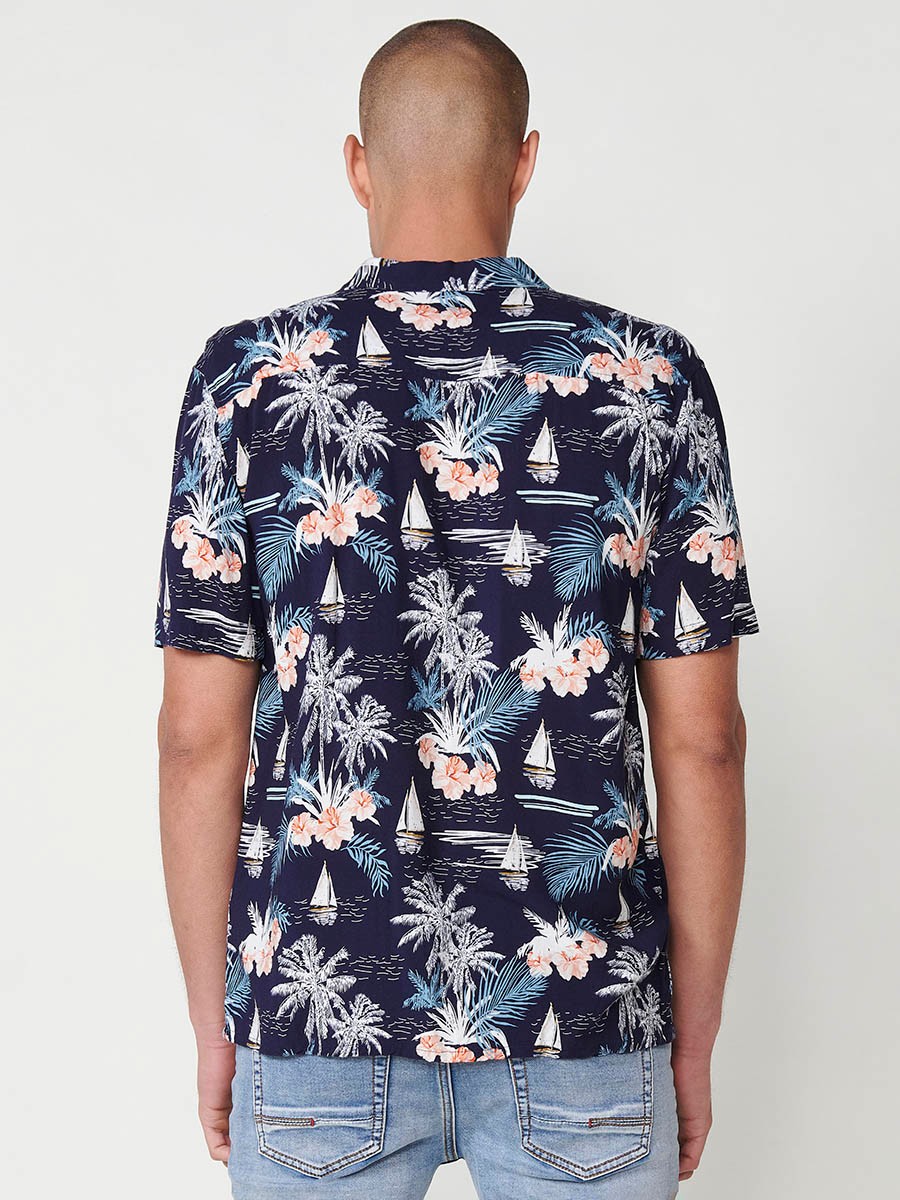 Camisa de Manga Corta con Cuello Pico y Estampado Tropical en Navy para Hombre – 100% Viscosa 7