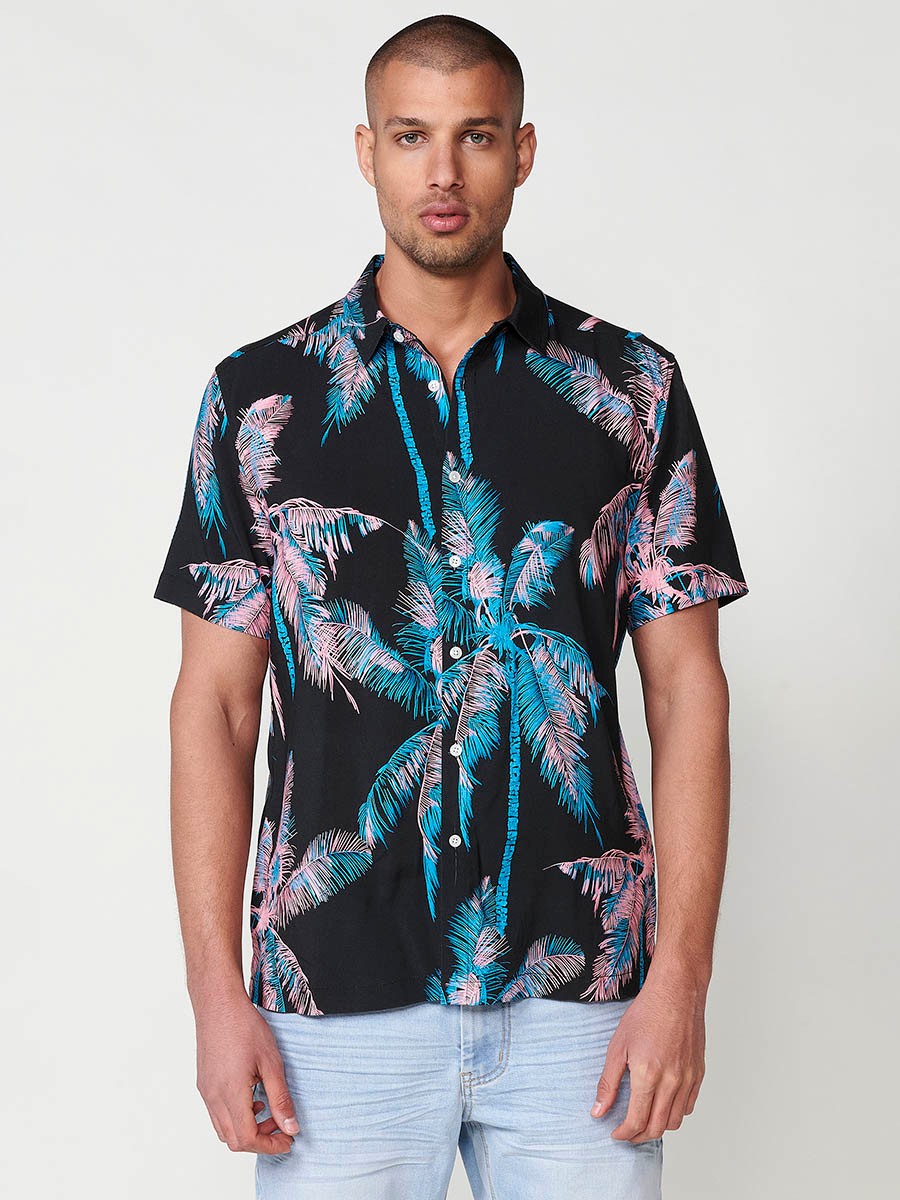 Men's Short-Sleeve Tropical Print Shirt in Black – 100% Viscose 1