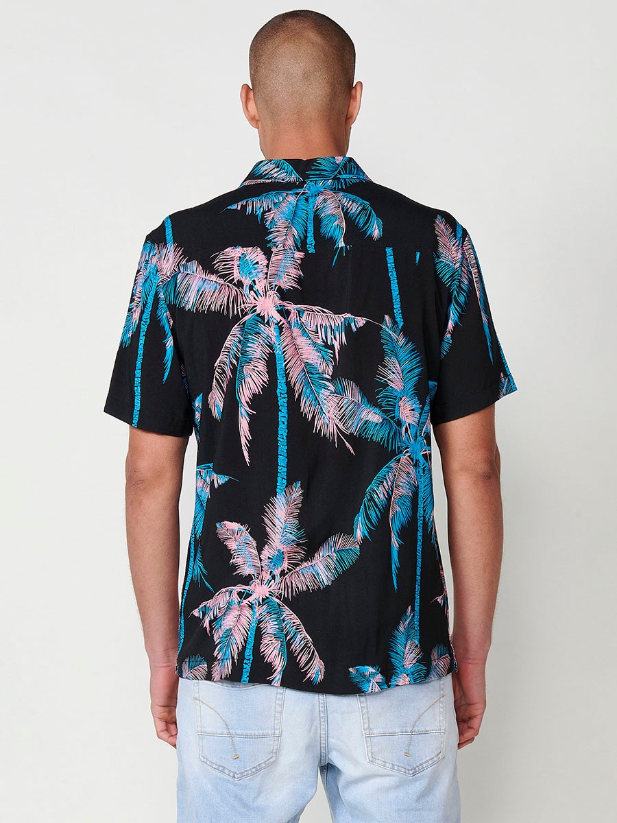 Men's Short-Sleeve Tropical Print Shirt in Black – 100% Viscose 6