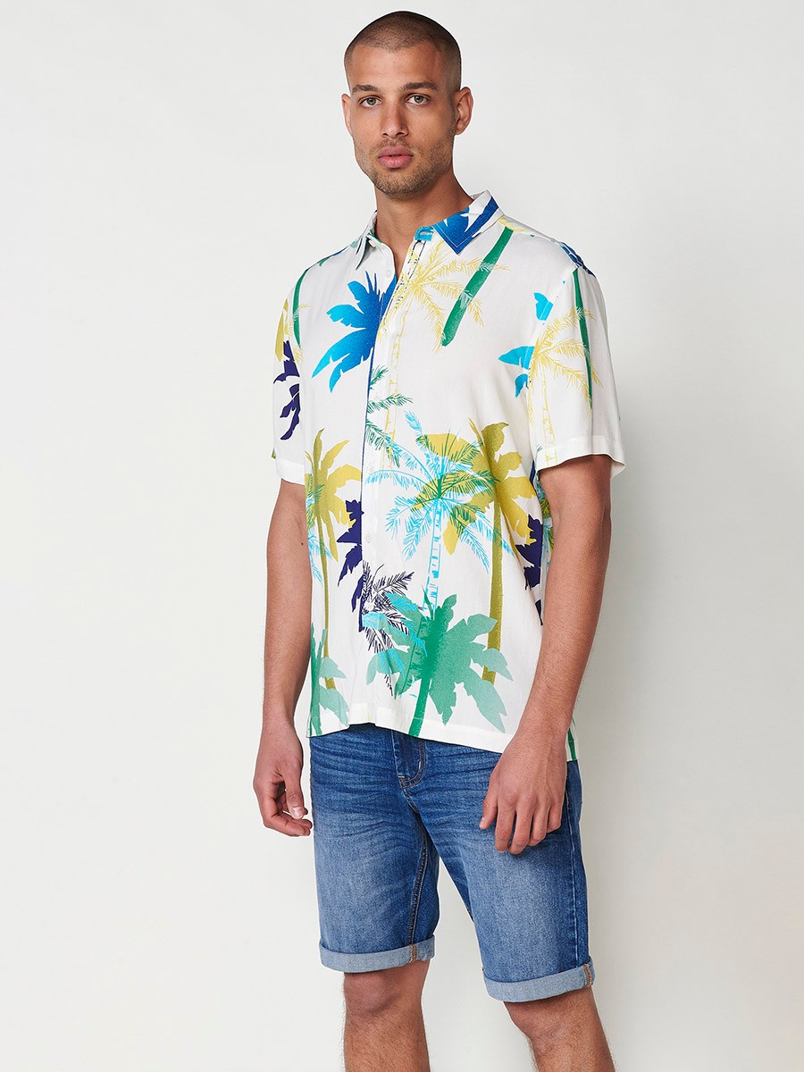 Men's Short-Sleeve Tropical Print Shirt in Off-White – 100% Viscose