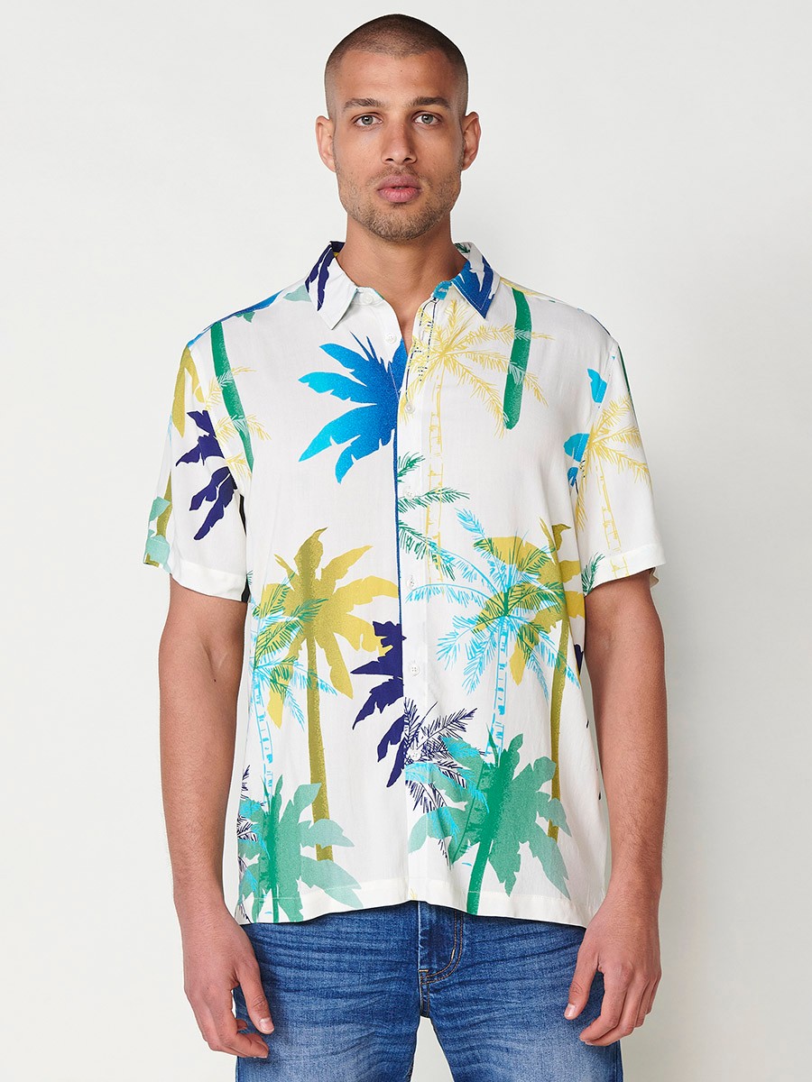 Men's Short-Sleeve Tropical Print Shirt in Off-White – 100% Viscose 2