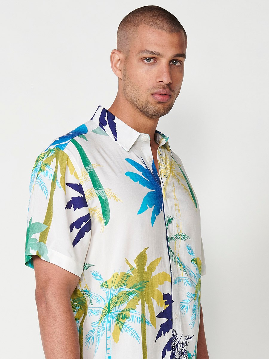 Men's Short-Sleeve Tropical Print Shirt in Off-White – 100% Viscose 6