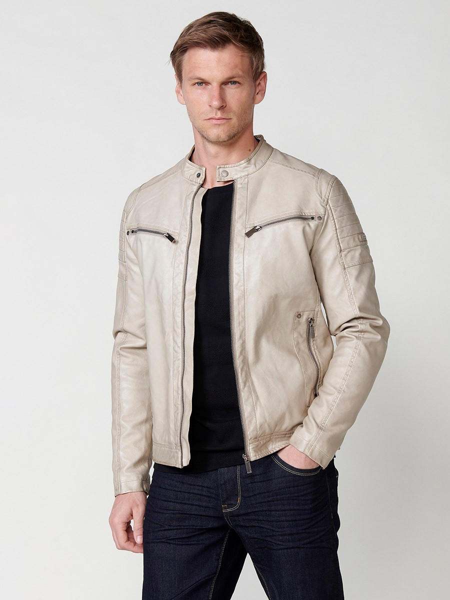 Kunstlederjacke mit Streifenkragen für Herren in Beige