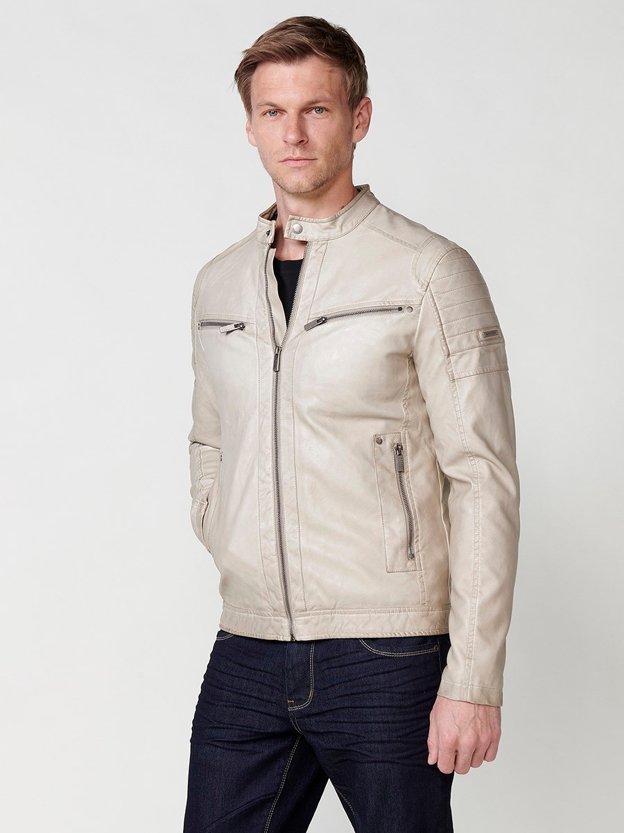 Kunstlederjacke mit Streifenkragen für Herren in Beige 2