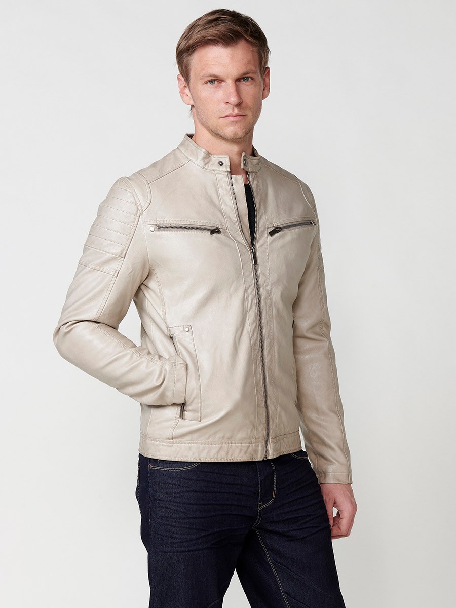 Kunstlederjacke mit Streifenkragen für Herren in Beige 1