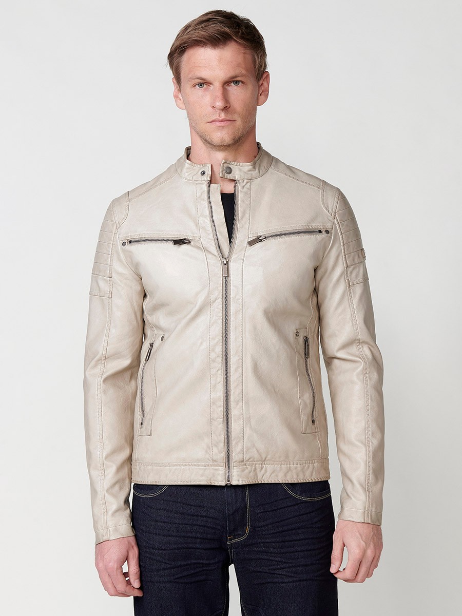 Kunstlederjacke mit Streifenkragen für Herren in Beige 4