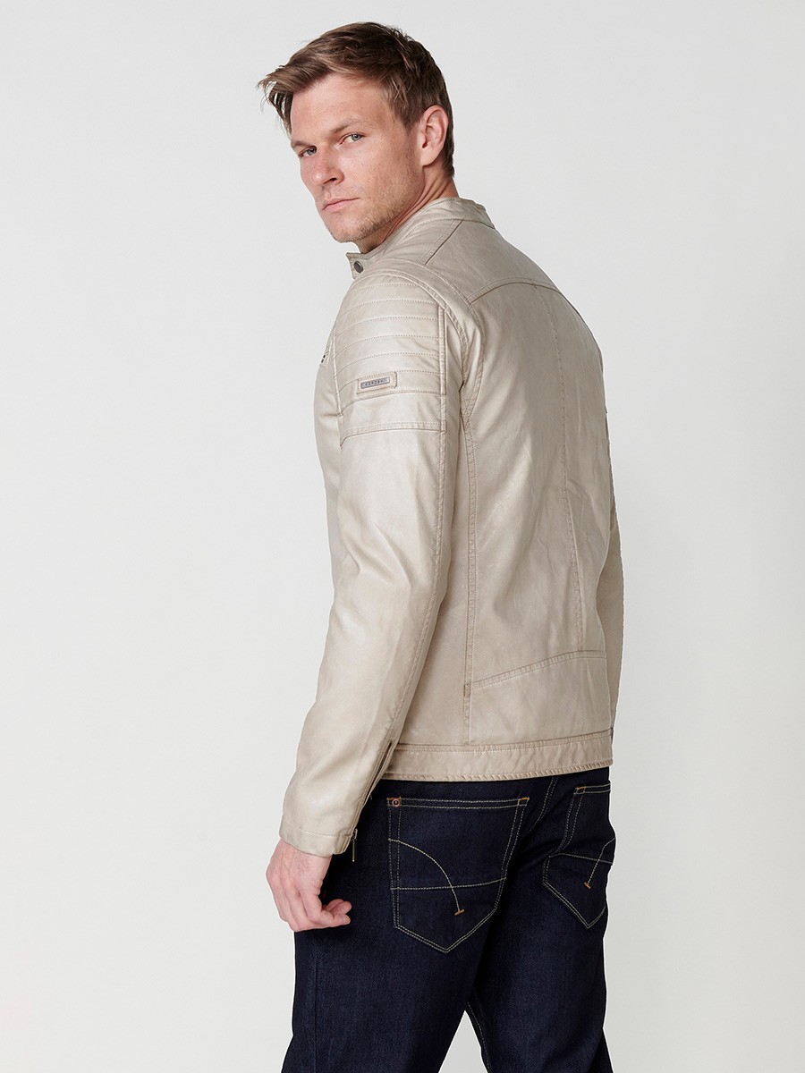 Kunstlederjacke mit Streifenkragen für Herren in Beige 3