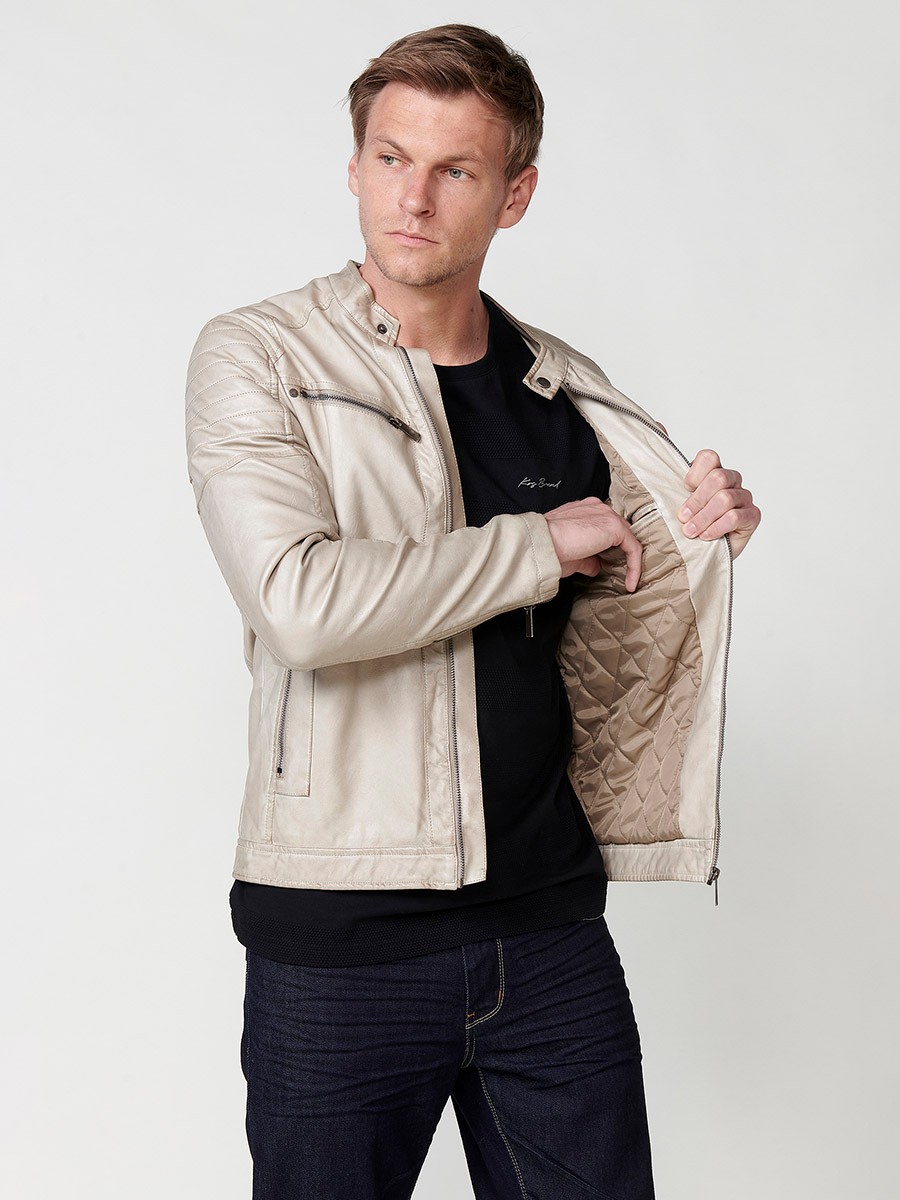 Kunstlederjacke mit Streifenkragen für Herren in Beige 6