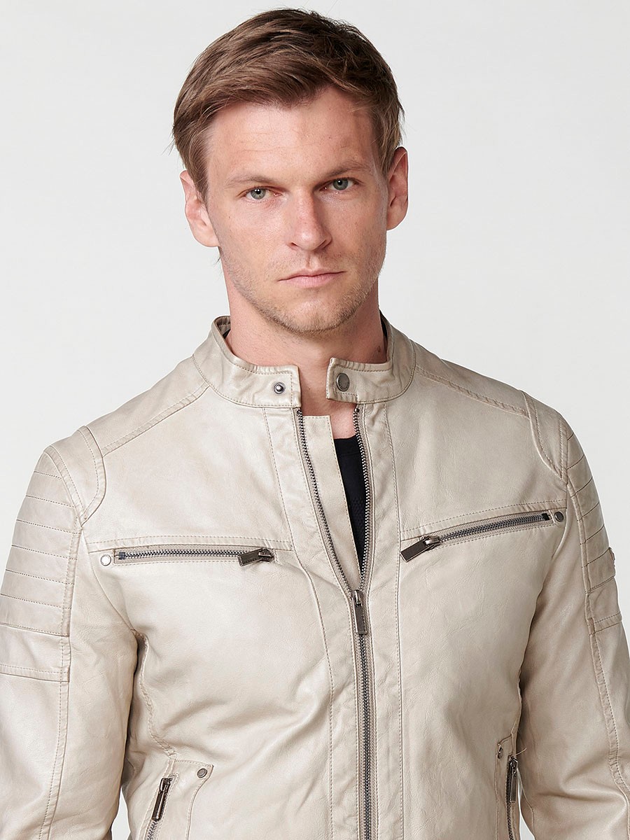 Kunstlederjacke mit Streifenkragen für Herren in Beige 8