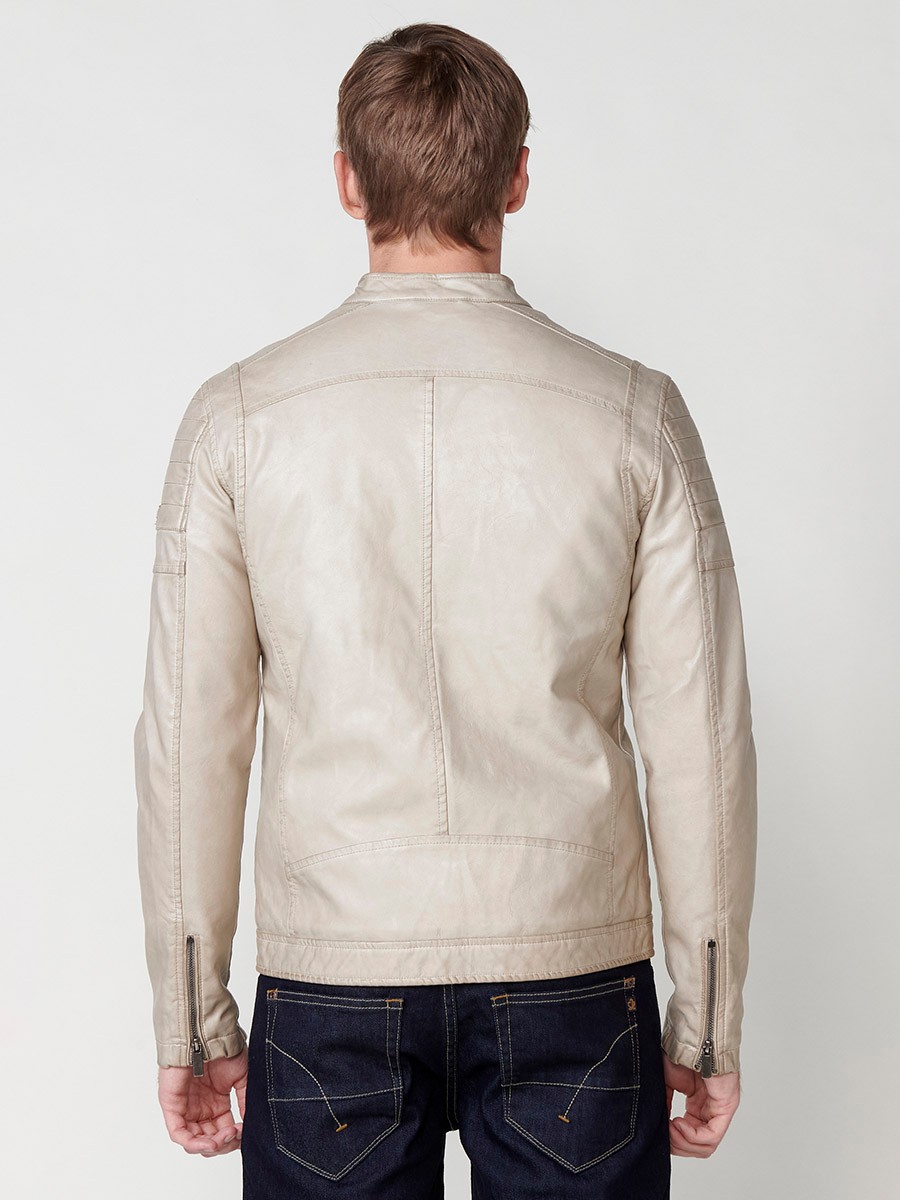 Kunstlederjacke mit Streifenkragen für Herren in Beige 7