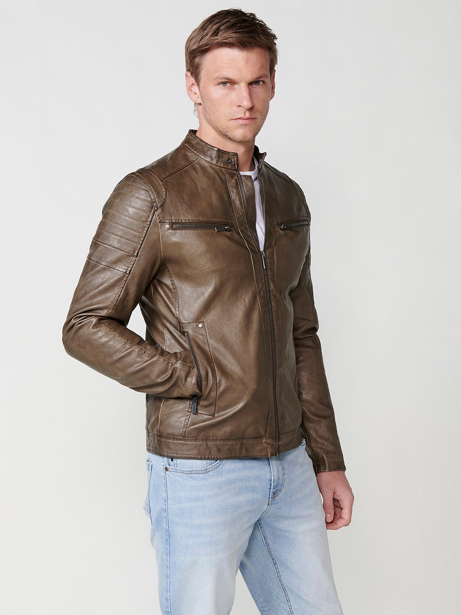 Herren Kunstlederjacke mit gestreiftem Kragen in Braun 4