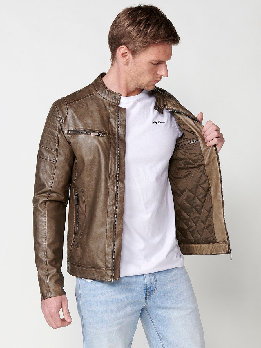 Herren Kunstlederjacke mit gestreiftem Kragen in Braun 6