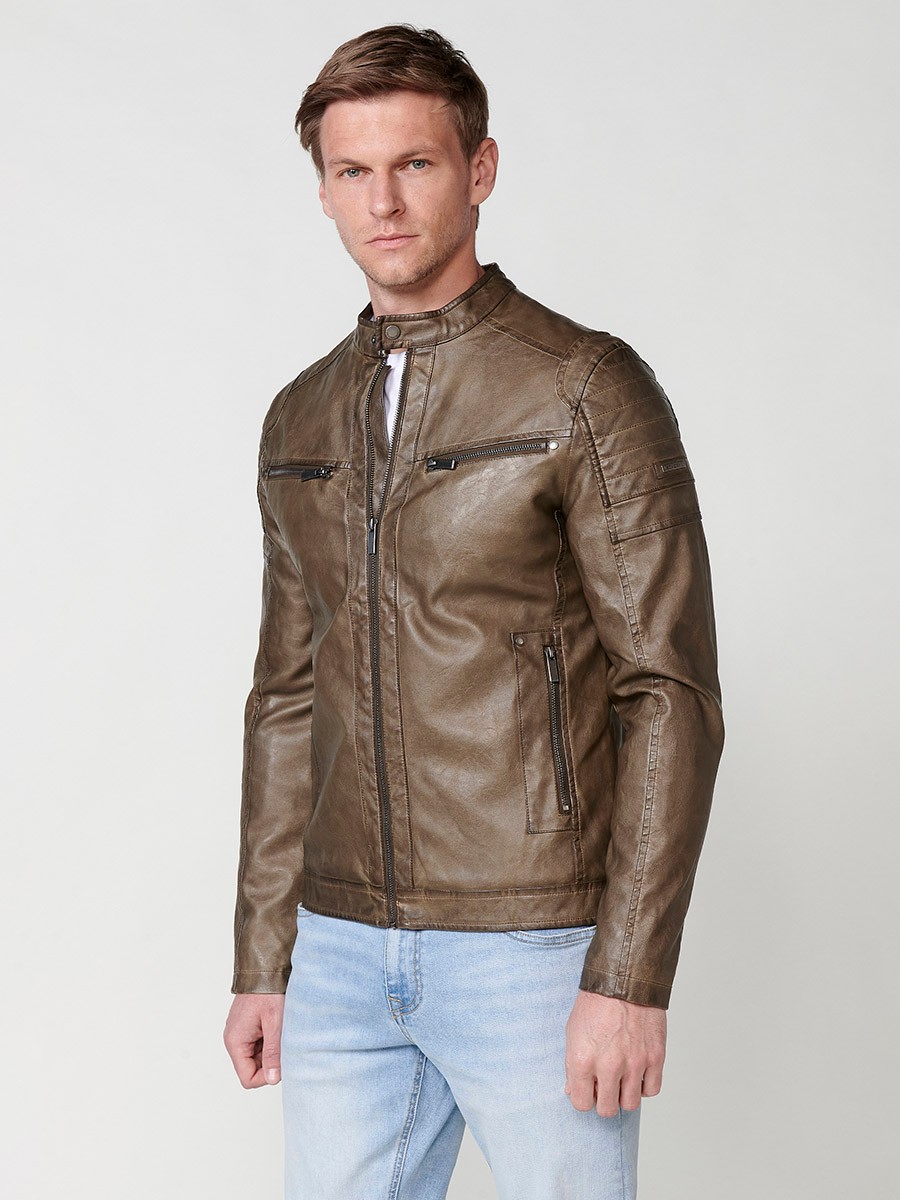 Herren Kunstlederjacke mit gestreiftem Kragen in Braun 7