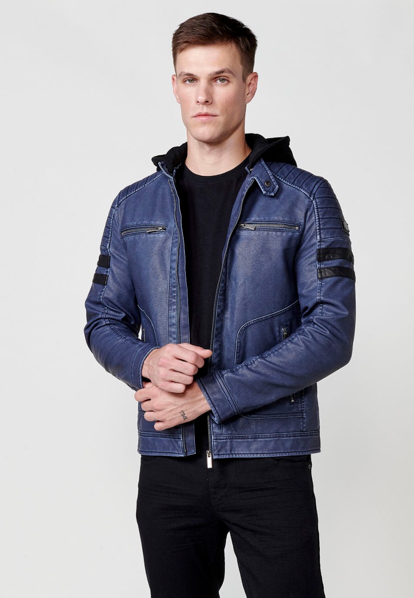 Chaqueta biker efecto piel con capucha desmontable para hombre color azul