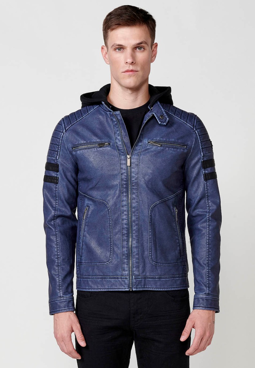 Chaqueta biker efecto piel con capucha desmontable para hombre color azul