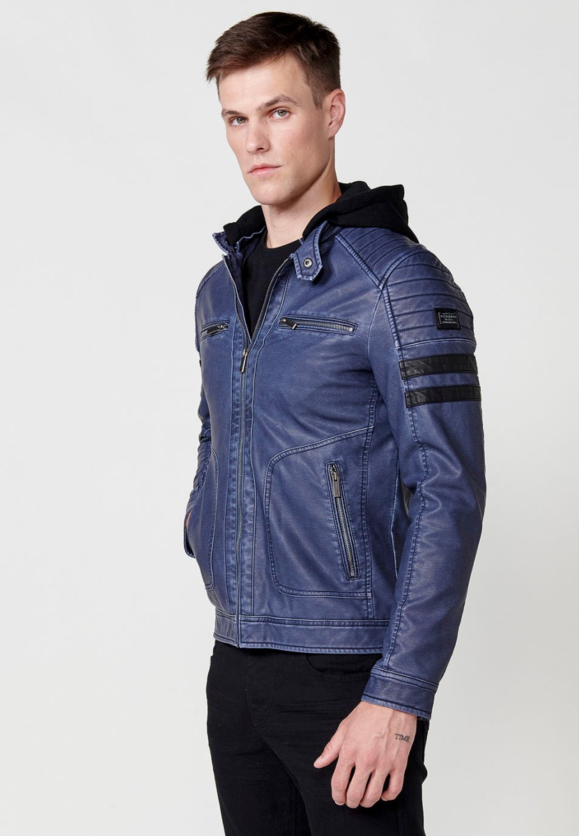 Chaqueta biker efecto piel con capucha desmontable para hombre color azul