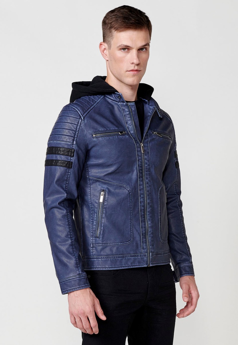 Chaqueta biker efecto piel con capucha desmontable para hombre color azul