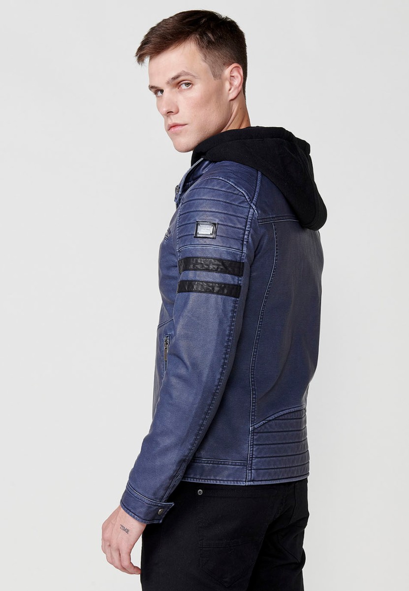 Chaqueta biker efecto piel con capucha desmontable para hombre color azul