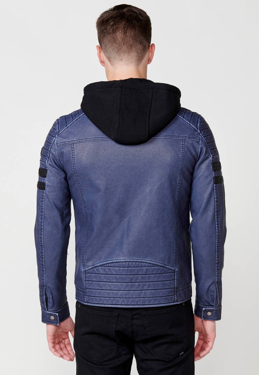 Chaqueta biker efecto piel con capucha desmontable para hombre color azul