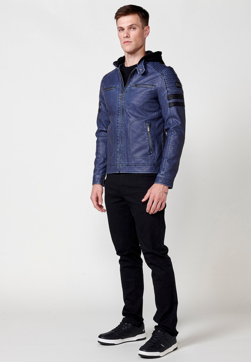 Chaqueta biker efecto piel con capucha desmontable para hombre color azul