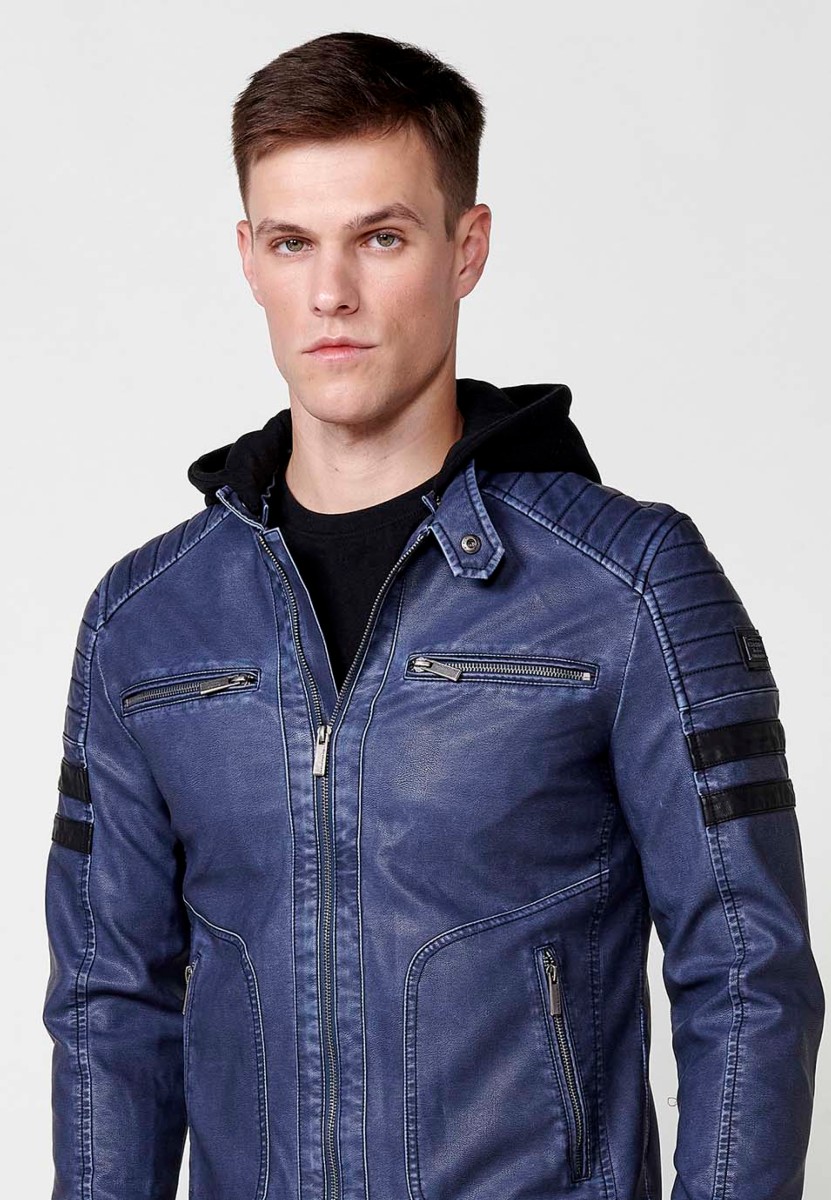 Chaqueta biker efecto piel con capucha desmontable para hombre color azul