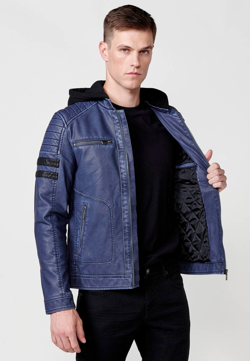 Chaqueta biker efecto piel con capucha desmontable para hombre color azul