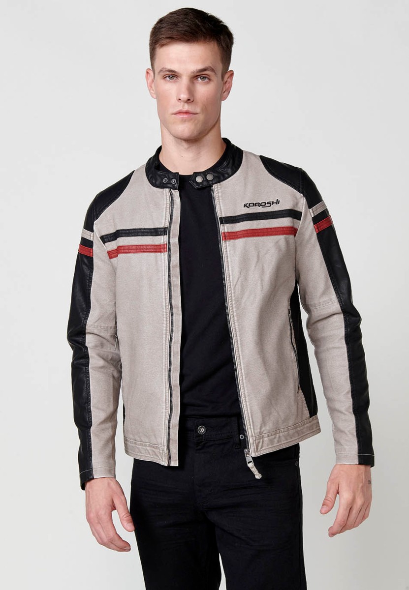 Chaqueta biker efecto piel cuello tira para hombre color crudo y negro