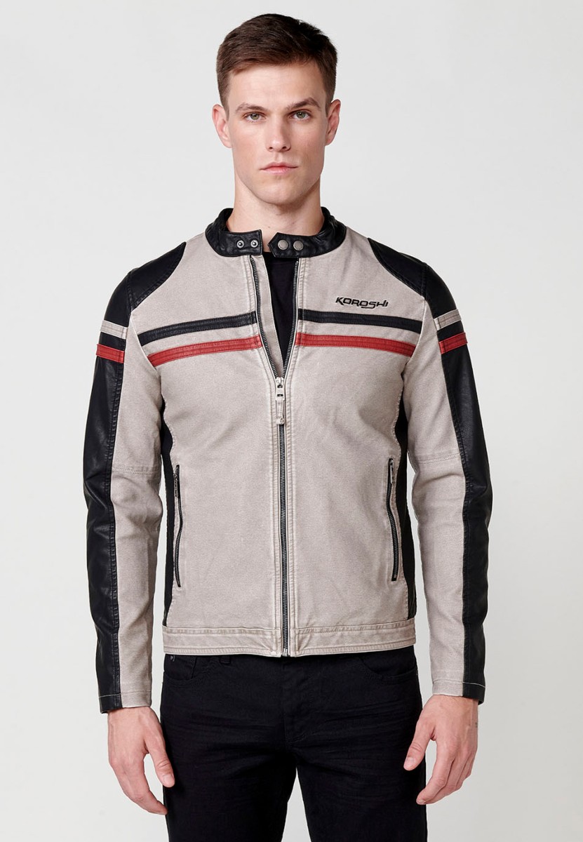 Chaqueta biker efecto piel cuello tira para hombre color crudo y negro