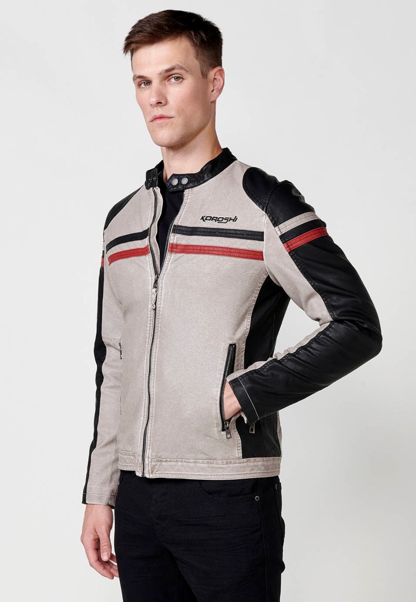 Chaqueta biker efecto piel cuello tira para hombre color crudo y negro